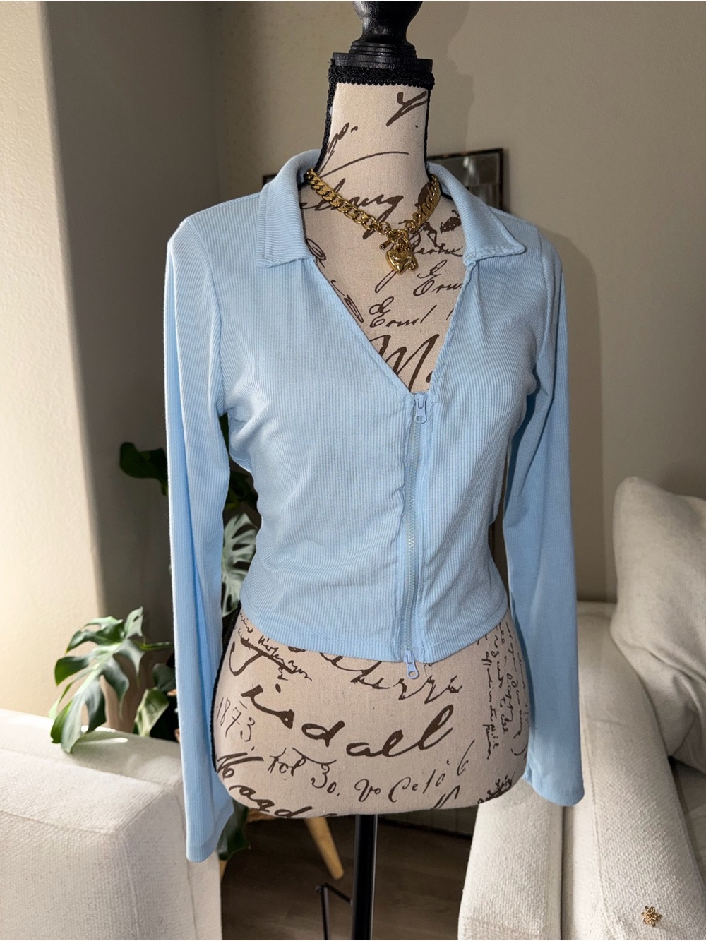 Sky Blue Zip-Up Long Sleeve Polo Top